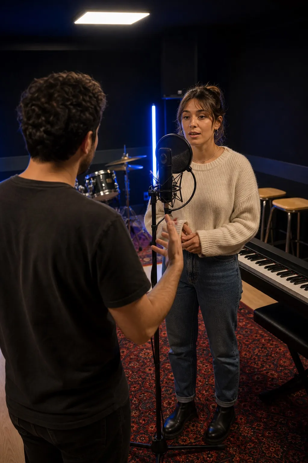 Coaching vocal au micro dans un studio de répétition à Bruxelles
