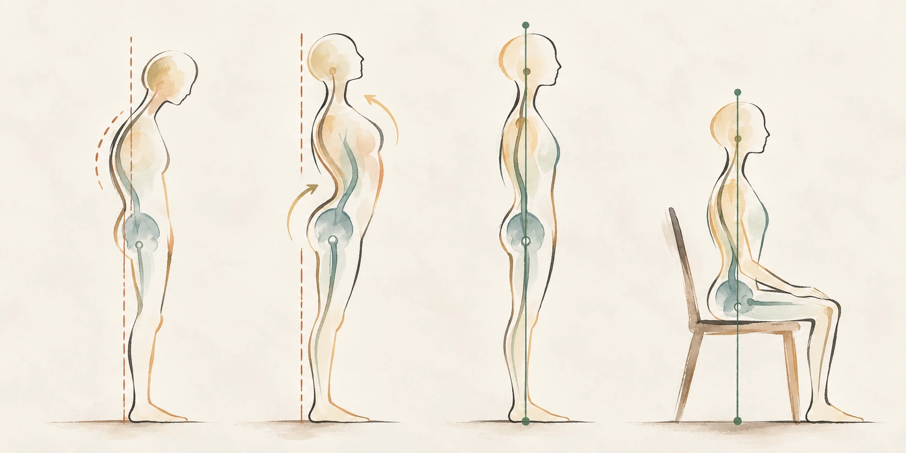 Four silhouettes: rounded back, arched back, aligned standing posture, aligned seated posture